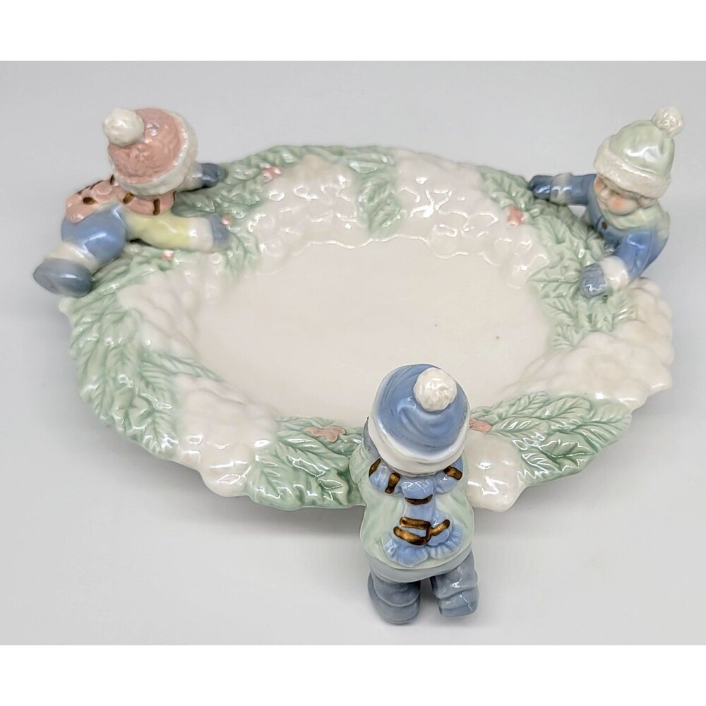 Holiday Ceramic Candy Dish with Winter Children Figurines Snow Cracker Barrel